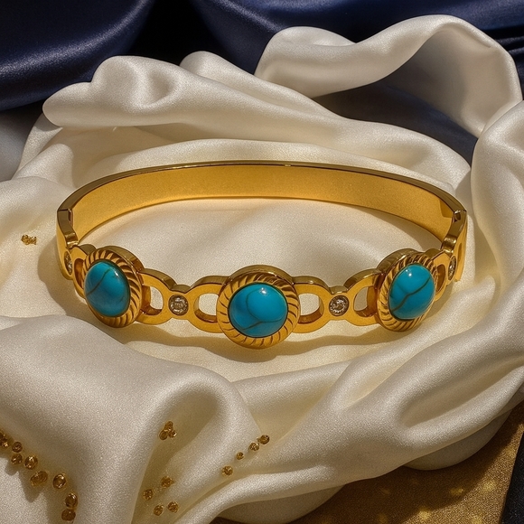 ποΈ18K Gold Plated Turquoise Bangle Bracelet | Stainless Steel | Gift Ready π - Picture 7 of 9